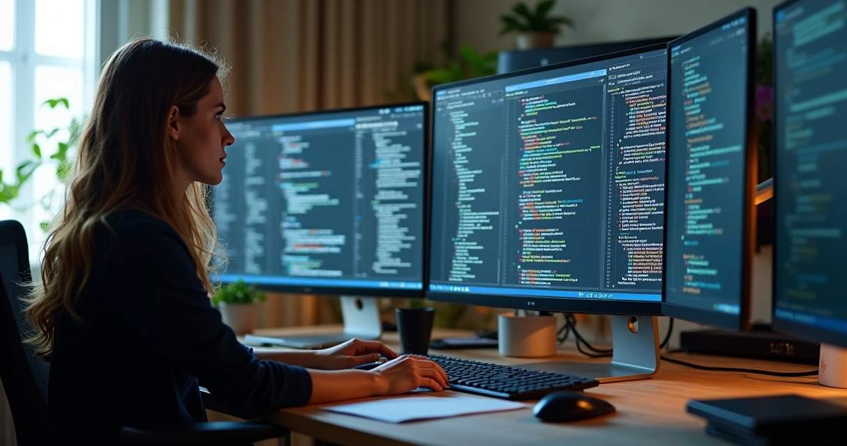 Desenvolvedor mexendo em códigos de integração fiscal NFS-e em três telas, mostrando XML na tela principal, ambiente escuro, papéis e caneca ao lado do notebook 