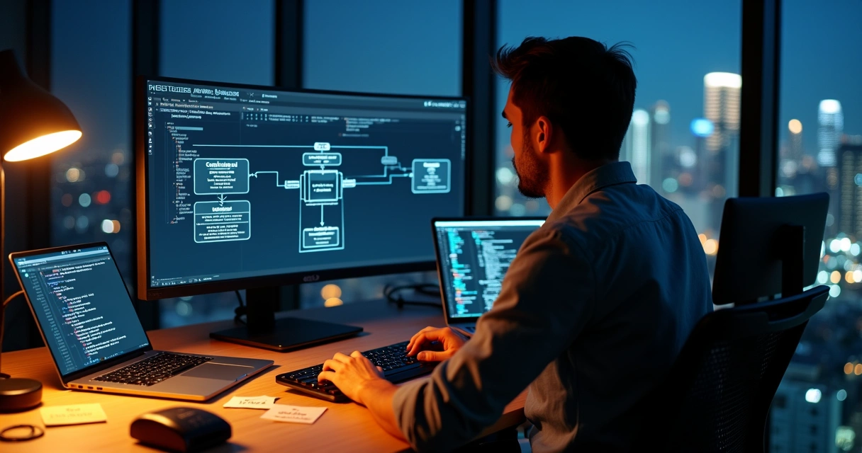 Desenvolvedor analisando arquitetura de integração com API NFSe Nacional em tela de monitor ultrawide 