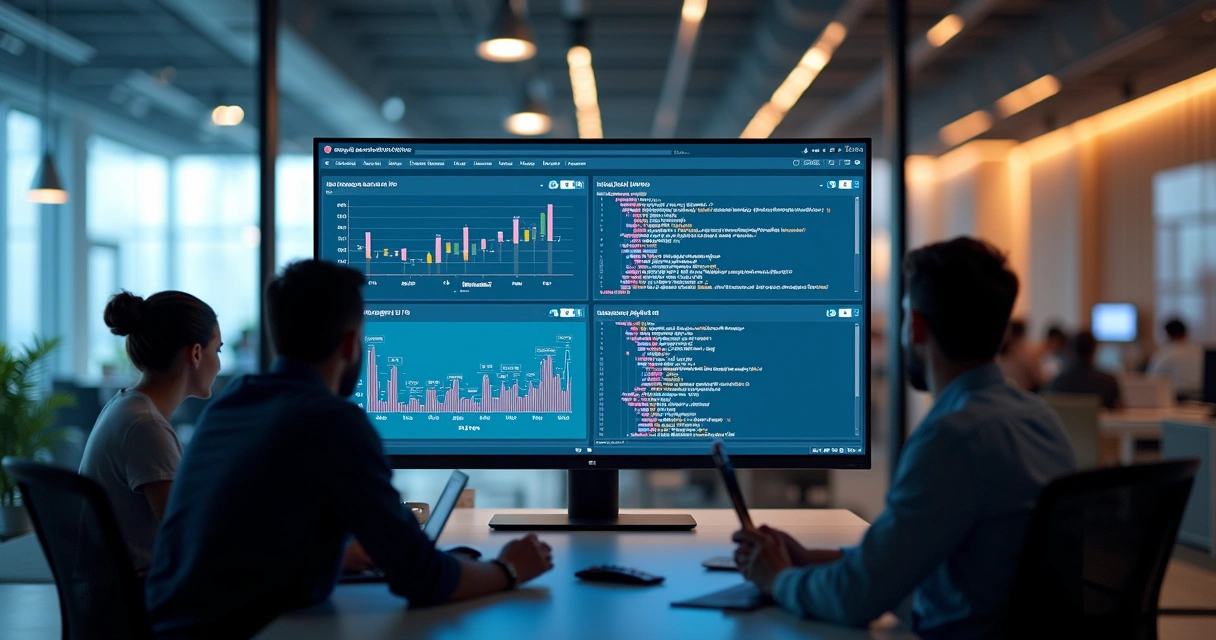 Tela de computador com gráficos e códigos de API exibidos simultaneamente