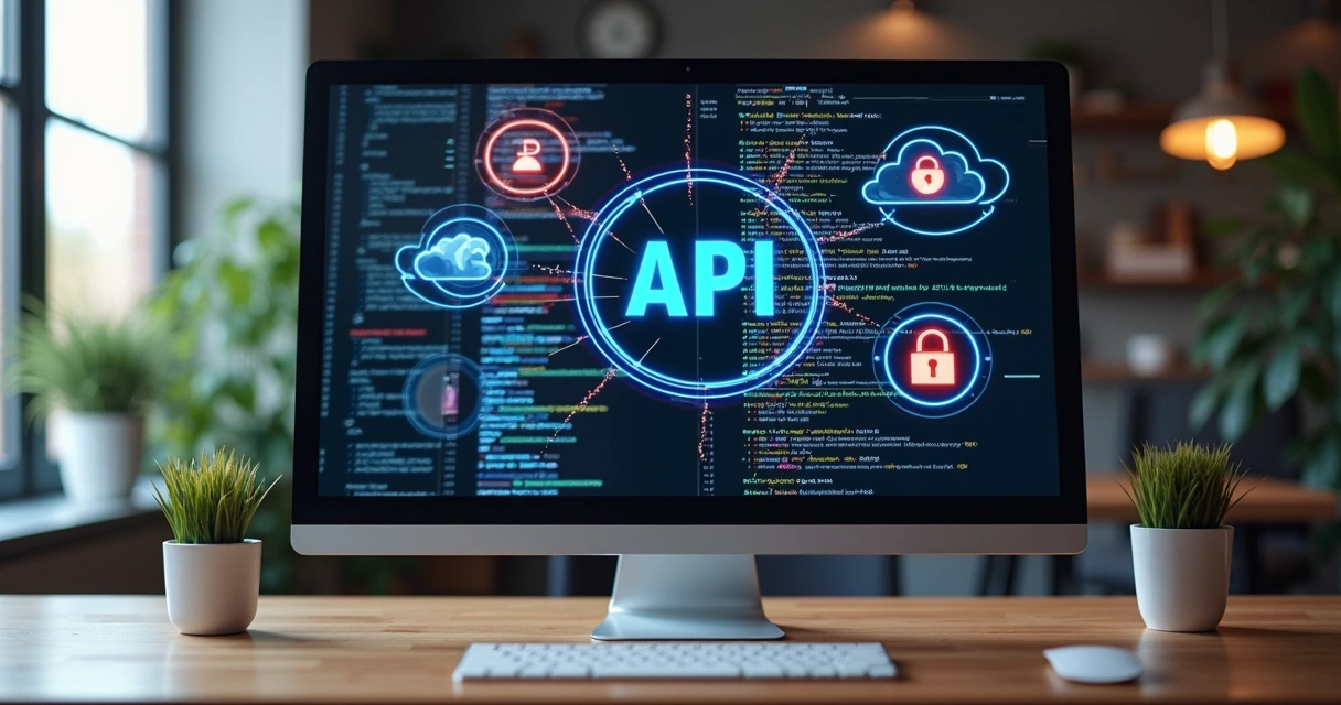 Computador com tela exibindo código e gráficos de integração de APIs para onboarding digital em escritório moderno 