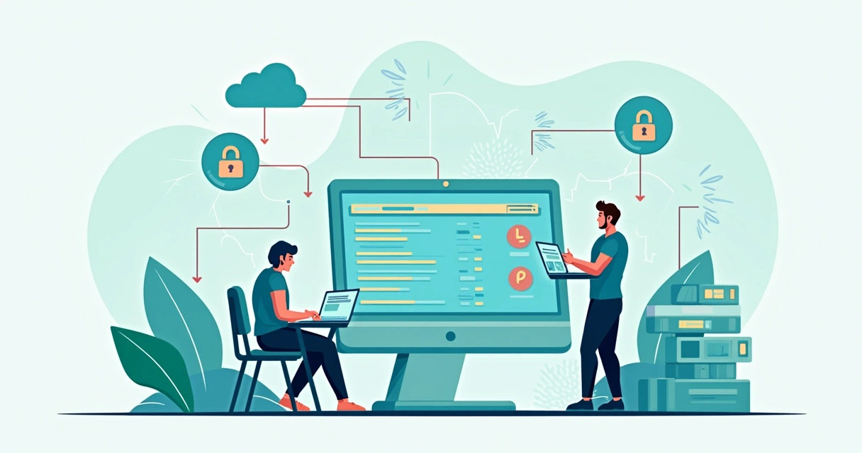 Ilustração corporativa plana mostrando integração de API de horários de ônibus de Curitiba em painel digital com desenvolvedores e código Laravel 