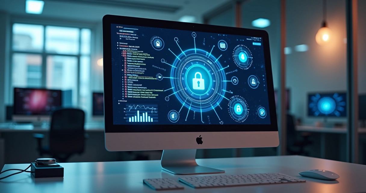 Computador com tela exibindo dashboards de dados e códigos de API, ambiente moderno de escritório com gráficos digitais flutuantes representando integração de APIs públicas em sistemas SaaS 