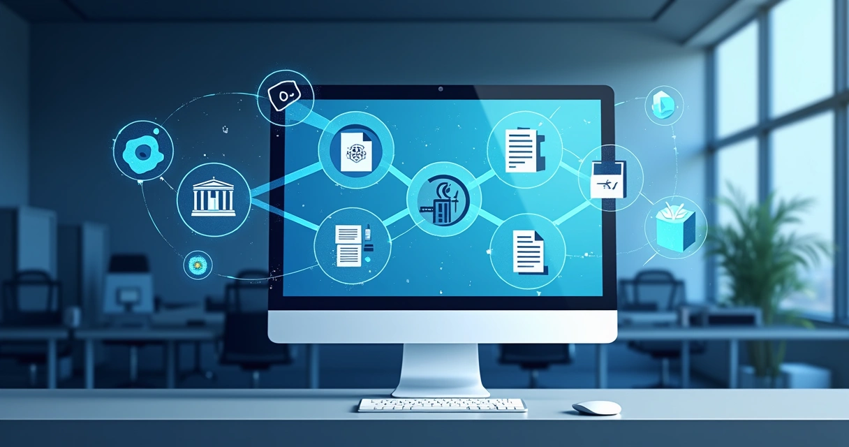 Ilustração de integração de sistemas jurídicos com automação em tela de computador 