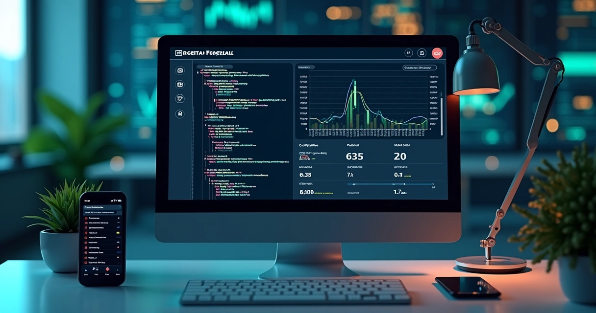 Tela de computador mostrando integração com API da Receita Federal, gráficos e código em fundo tecnológico 