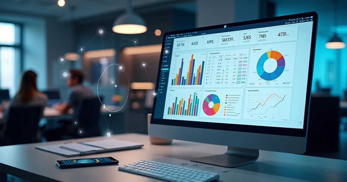 Tela de computador exibindo gráficos de score e funil de vendas B2B com dados conectados por APIs 