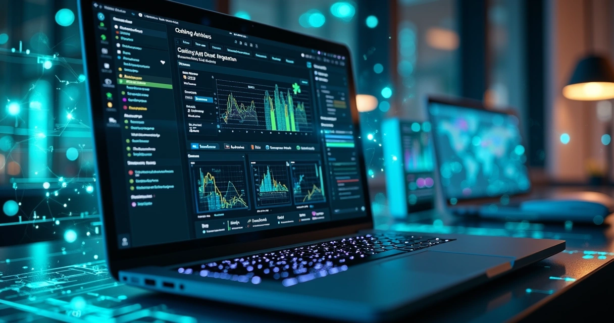 Interface digital mostrando integração de API Sintegra com gráficos e códigos em fundo escuro 
