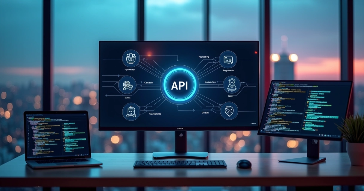 Painel digital exibindo integrações API entre vários sistemas empresariais conectados por ícones e linhas 