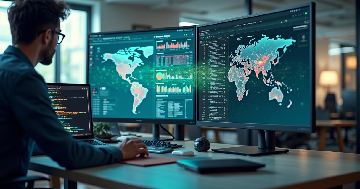 Ilustração detalhada de integração de dados com APIs e software pronto em ambiente corporativo 