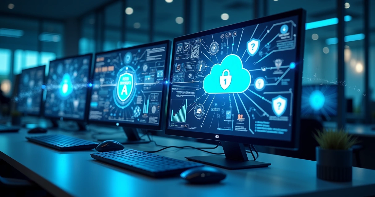 Ilustração detalhada de múltiplas telas de computador conectadas por linhas digitais representando integração via API entre sistemas empresariais com ícones de nuvem, segurança e automação 