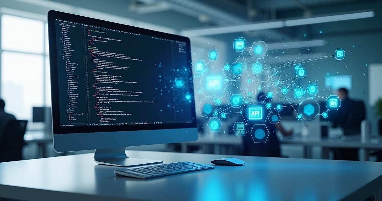 Tela de computador mostrando código de integração de API com gráficos e conexões digitais ao fundo 