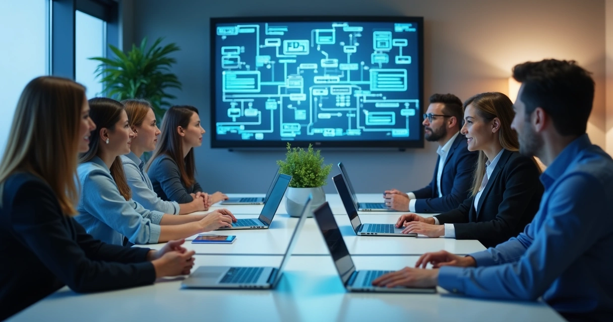 Equipe de negócios e desenvolvedores em sala integrando API tributária