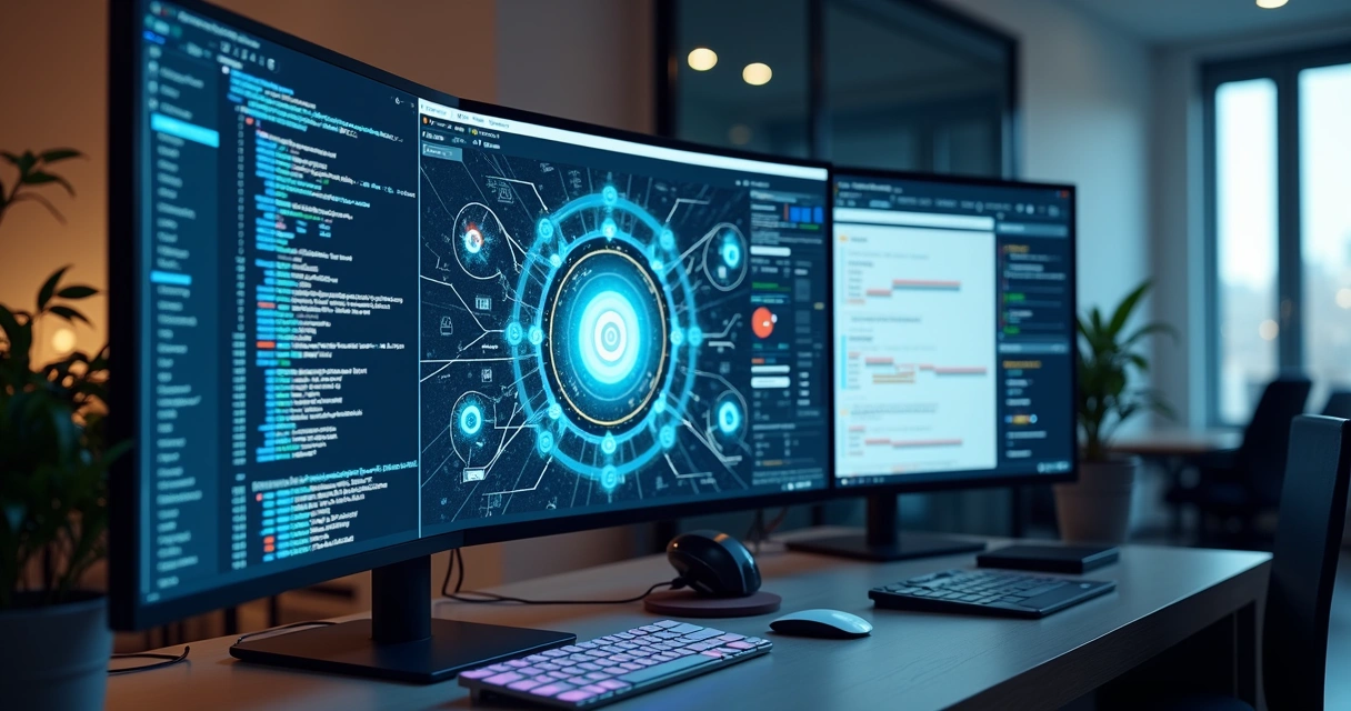 Tela dividida mostrando de um lado uma interface moderna de API com códigos e dados em tempo real, e do outro um sistema ERP tradicional com módulos e gráficos estáticos em escritório tecnológico 