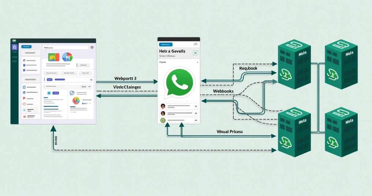 Integração de sistemas mostrando fluxo de dados entre um sistema próprio e servidores da Meta via API 
