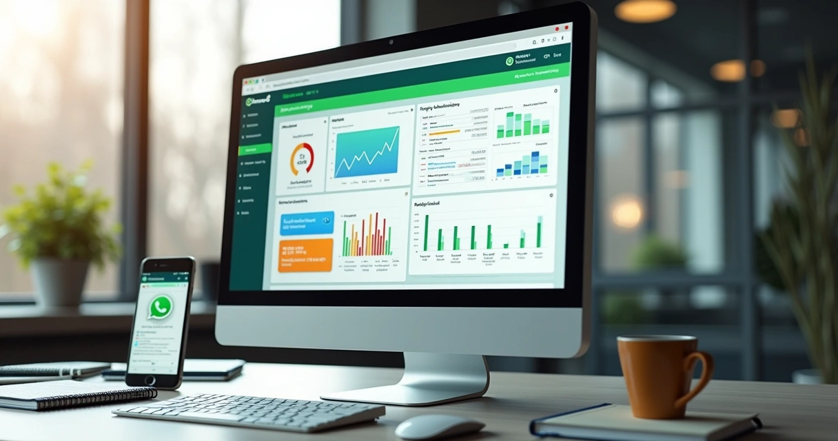 Interface de computador exibindo integração da API oficial do WhatsApp com sistemas CRM e ERP, mostrando gráficos e fluxos de automação 