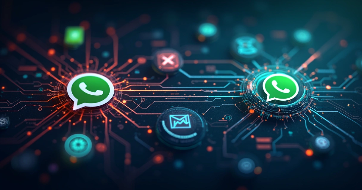 Conexão entre API e grupos WhatsApp ilustrada por linhas e dados fluindo 