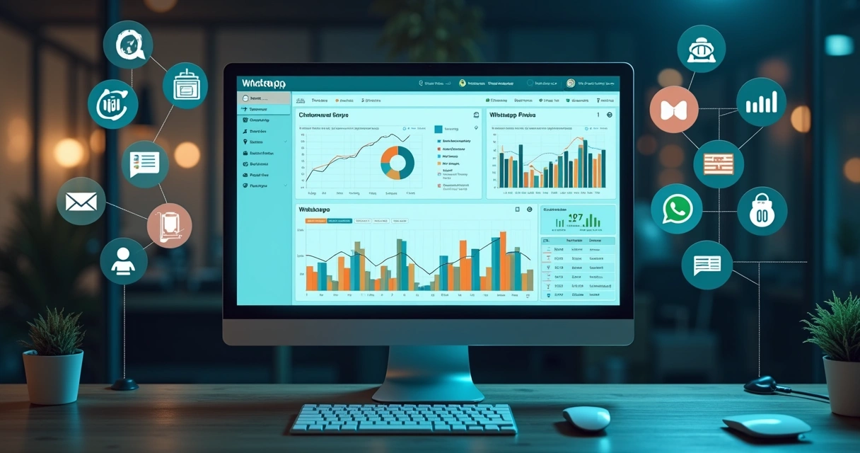 Tela de computador mostrando a interface de integração da API oficial do WhatsApp com gráficos de produtividade e automações ativadas 