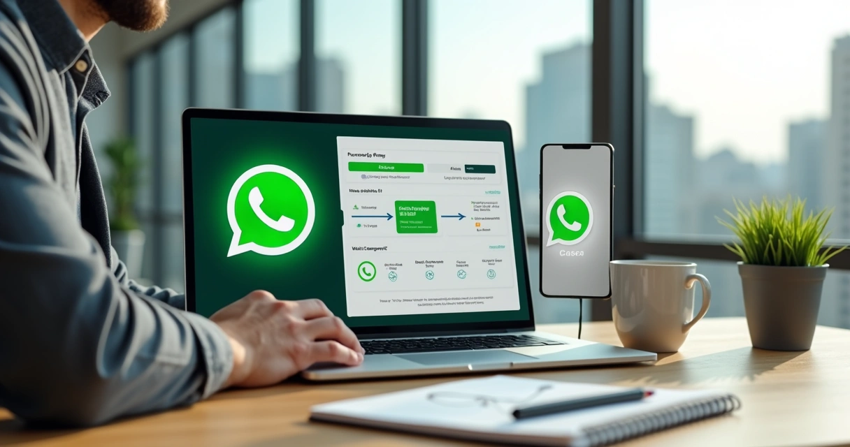 Empresário configurando integração da API oficial do WhatsApp com painel da PlugLead em notebook 