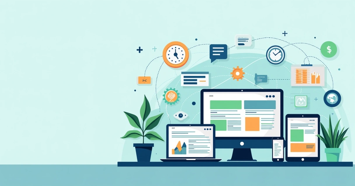 Ilustração corporativa mostrando integração de APIs entre ferramentas digitais com fluxos de automação para agências pequenas 