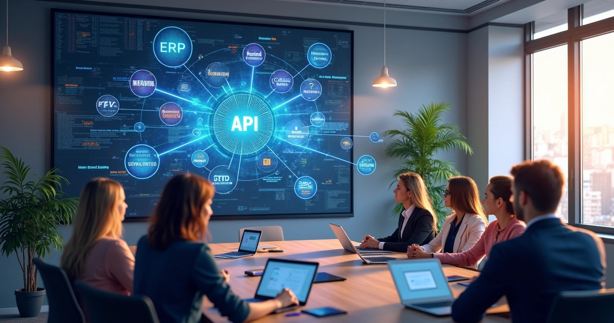 Ilustração de um sistema corporativo com APIs conectando vários módulos em uma mesa de reunião 