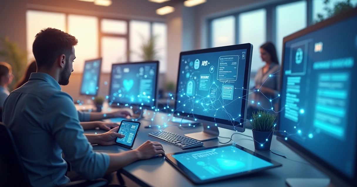 Vários sistemas conectados por linhas digitais em um escritório moderno