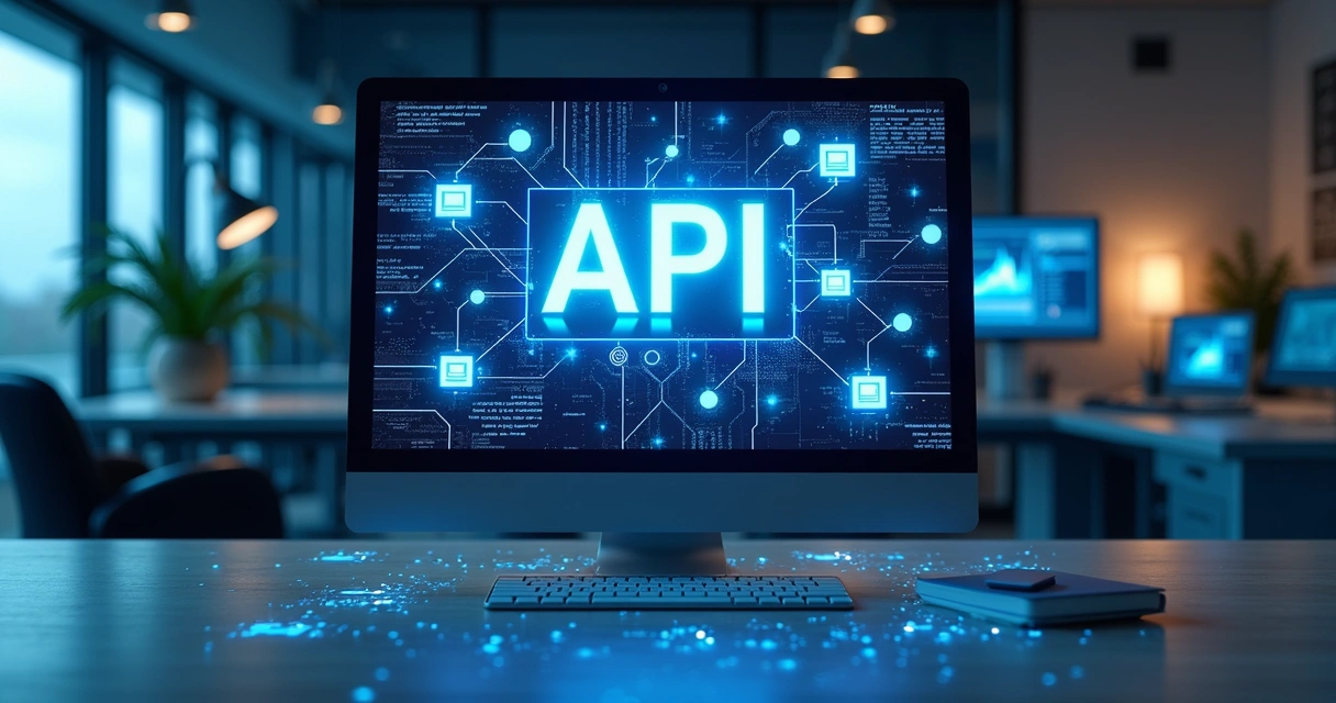 Computador com tela mostrando conexões de APIs em software corporativo moderno 