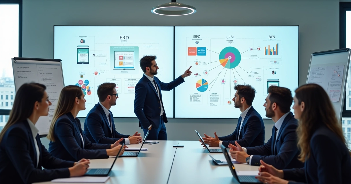 Equipe discutindo integração de aplicativo com sistemas internos 