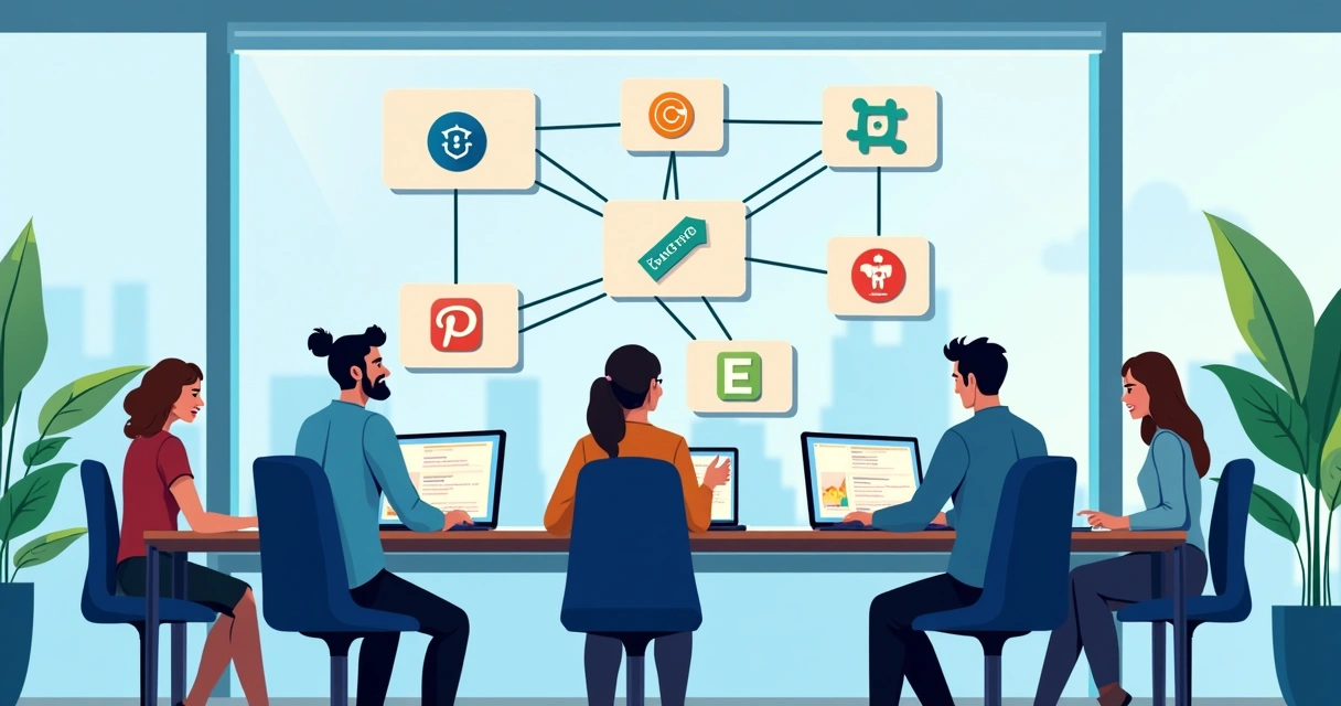 Equipe de tecnologia alinhando integrações entre softwares em uma mesa de reunião 