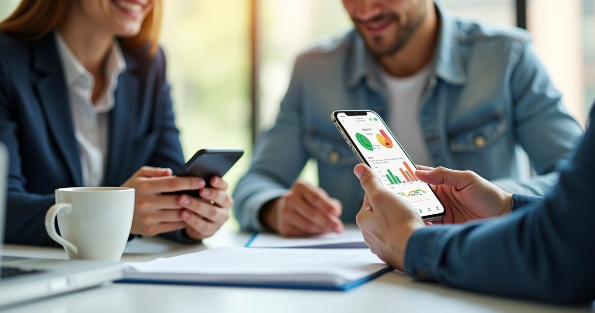 Pessoa usando smartphone com interface de finanças integrando saldo bancário e gráficos coloridos