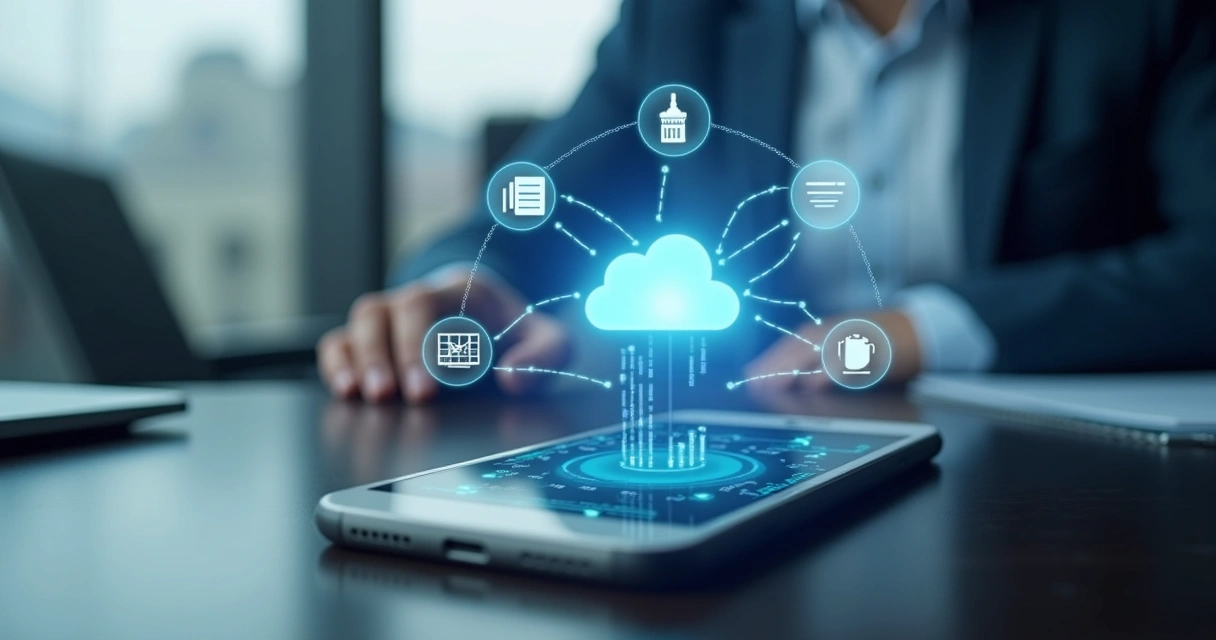 Aplicativo empresarial integrado à nuvem em tela de celular