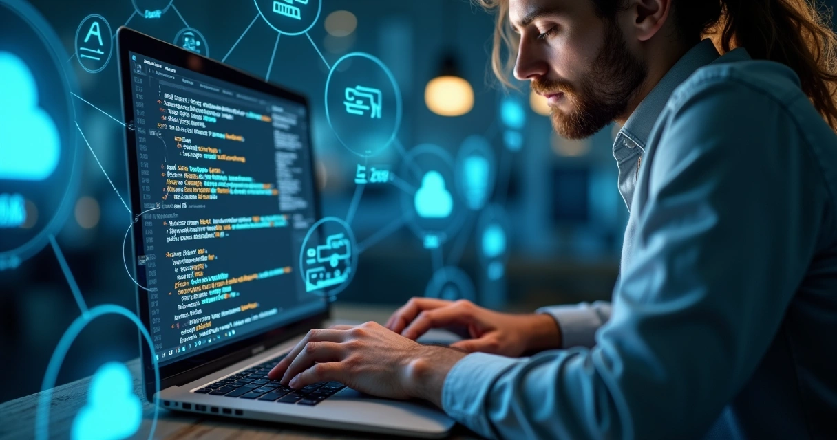 Desenvolvedor escrevendo código com gráfico de integrações ao fundo