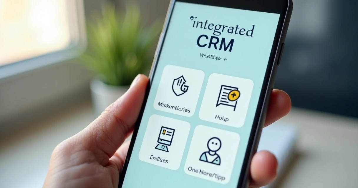 Celular mostrando apps de CRM e WhatsApp integrados 