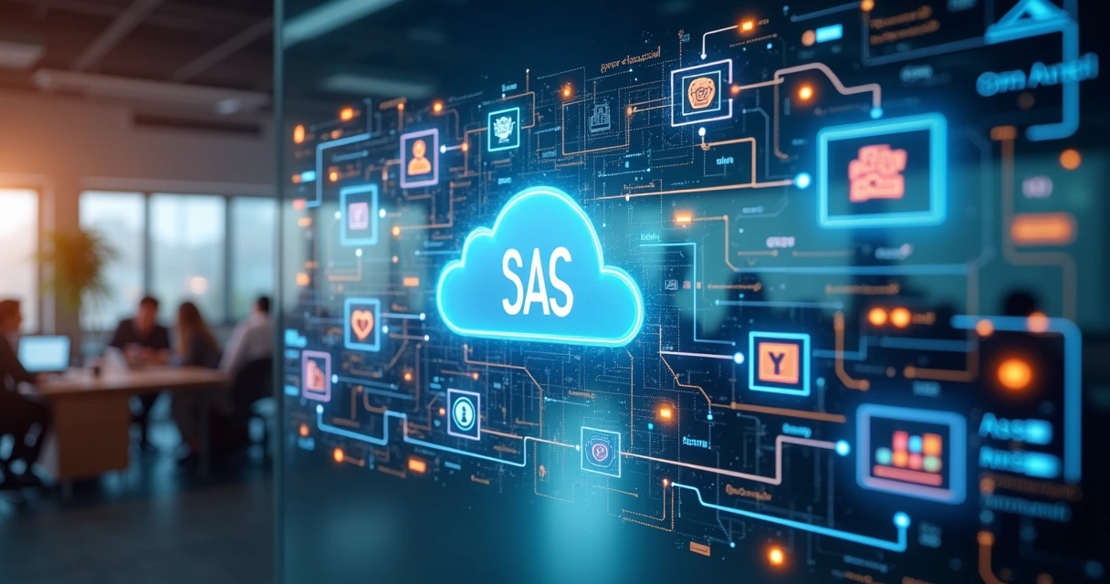 Fluxo digital mostrando integração de aplicativos SaaS com áreas de negócios 
