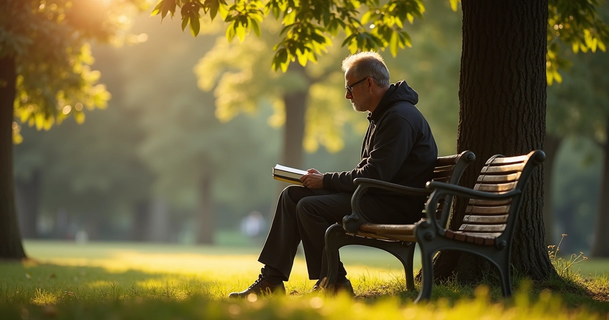 Pessoa refletindo sozinha em um parque, com árvores ao fundo, segurando um caderno de anotações 