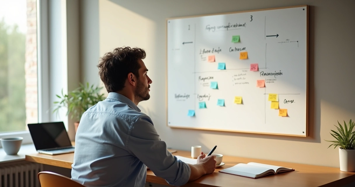 Pessoa refletindo diante de mural com passos de aprendizado 