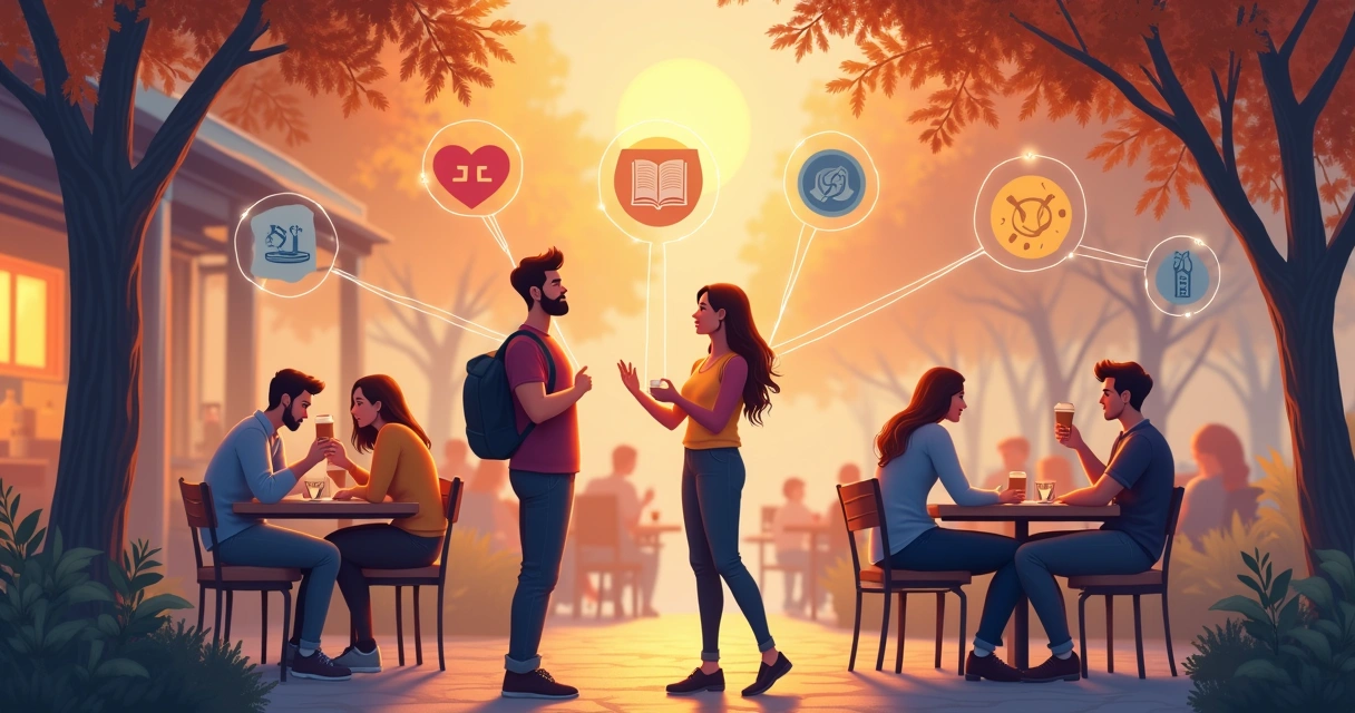Arte mostrando pessoas conectando símbolos de arquétipos em um ambiente cotidiano