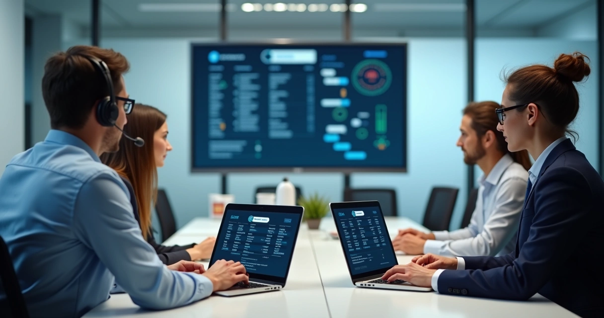 Small sales team surrounded by digital task automation flows