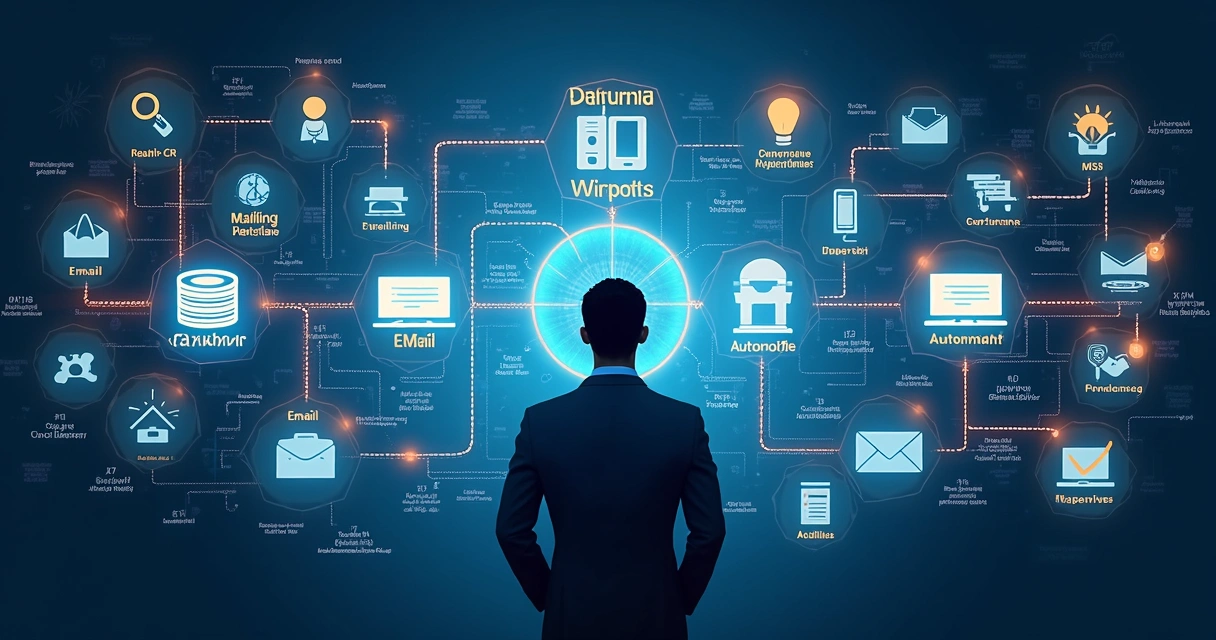 Mailing List para Cobrança: Como Montar, Enriquecer e Otimizar 4 Diagrama digital mostrando integração entre sistemas de cobrança, CRM e mailing
