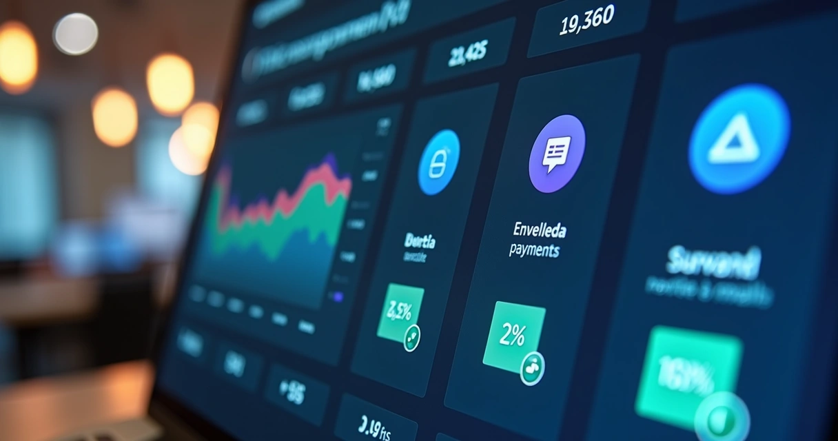 Interface digital mostrando painel de controle de cobranças com gráficos, notificações e métodos de pagamento como boleto, Pix e cartão de crédito 