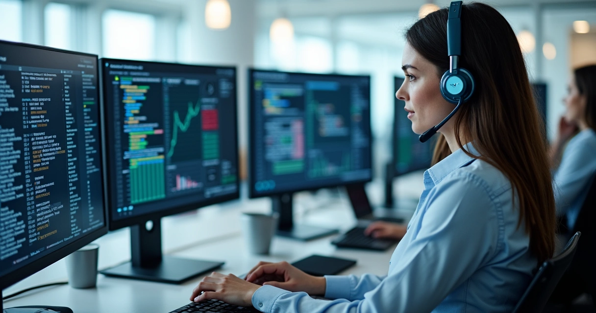 Representação visual de robôs digitais conectando sistemas de contabilidade em monitores