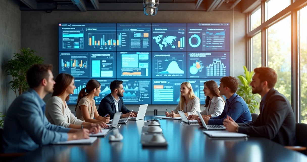 Equipe de vendas e marketing em escritório moderno olhando telas com gráficos e dados integrados em tempo real 
