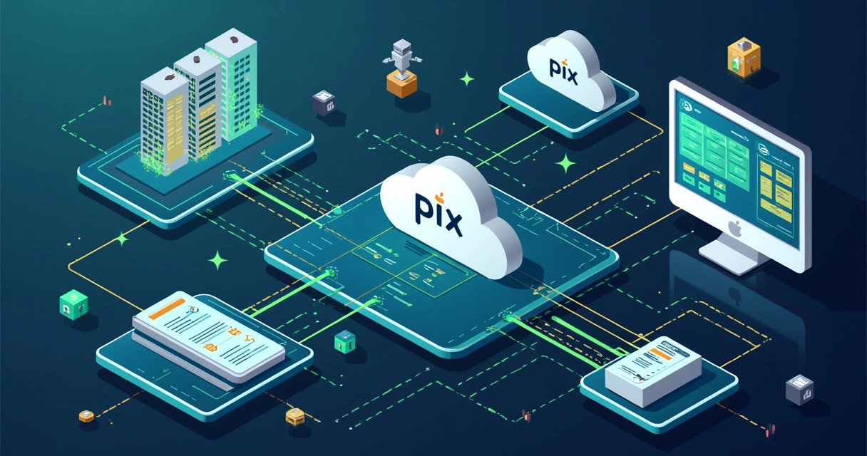 Ilustração de sistemas integrados automatizando pagamentos Pix 