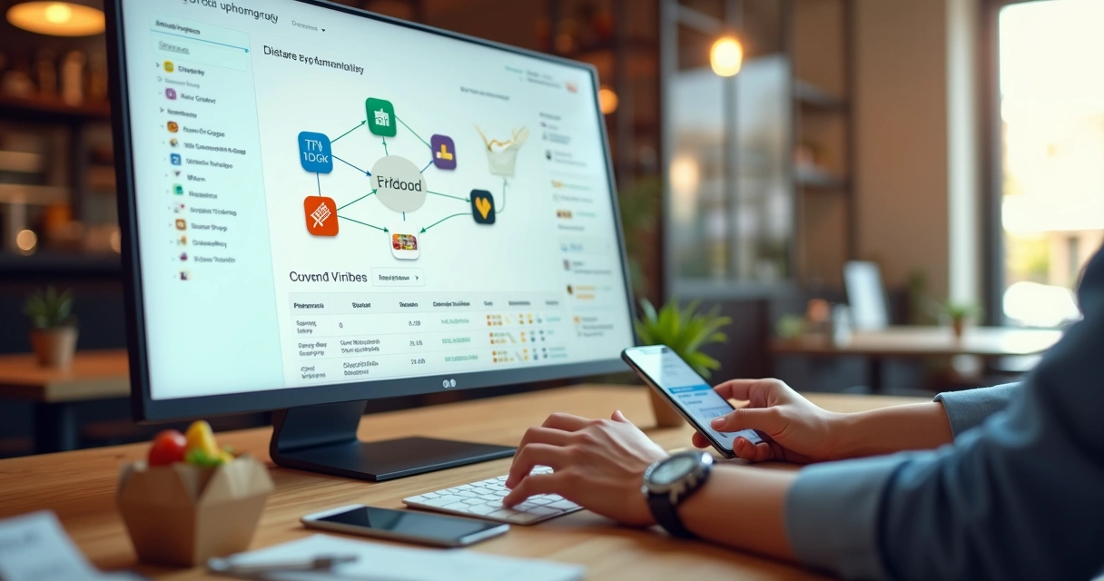 Painel de computador exibindo integrações automáticas entre plataformas de delivery 