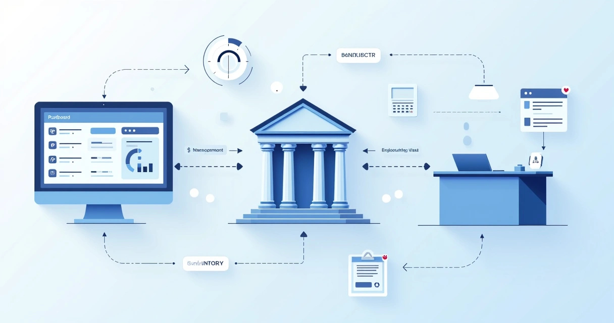 Fluxo ilustrado de sistema integrado nota fiscal e banco, com setas ligando ambos 