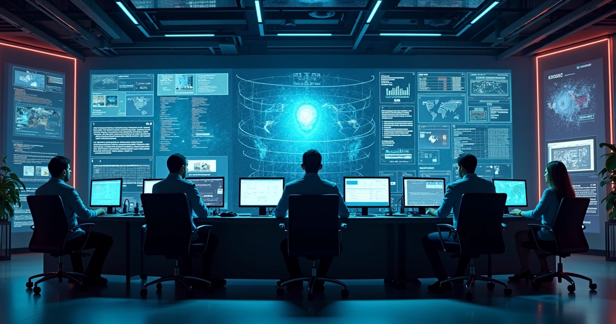 Equipe monitorando integrações automatizadas em grande painel digital 