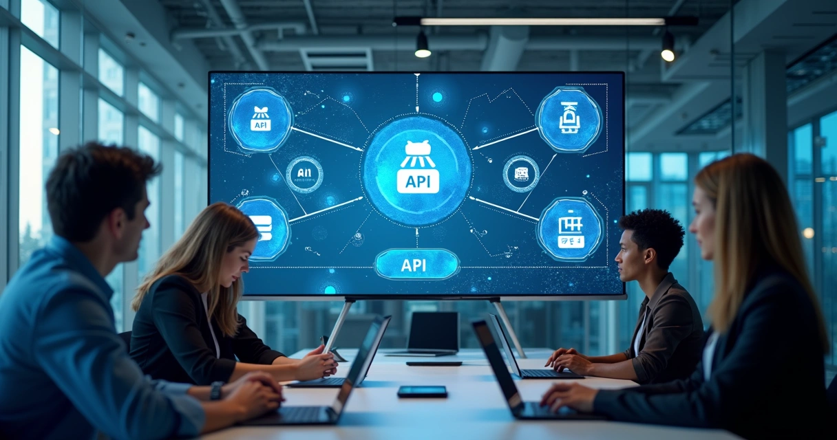 Interfaces digitais mostrando integração via API entre empresas e serviços bancários 