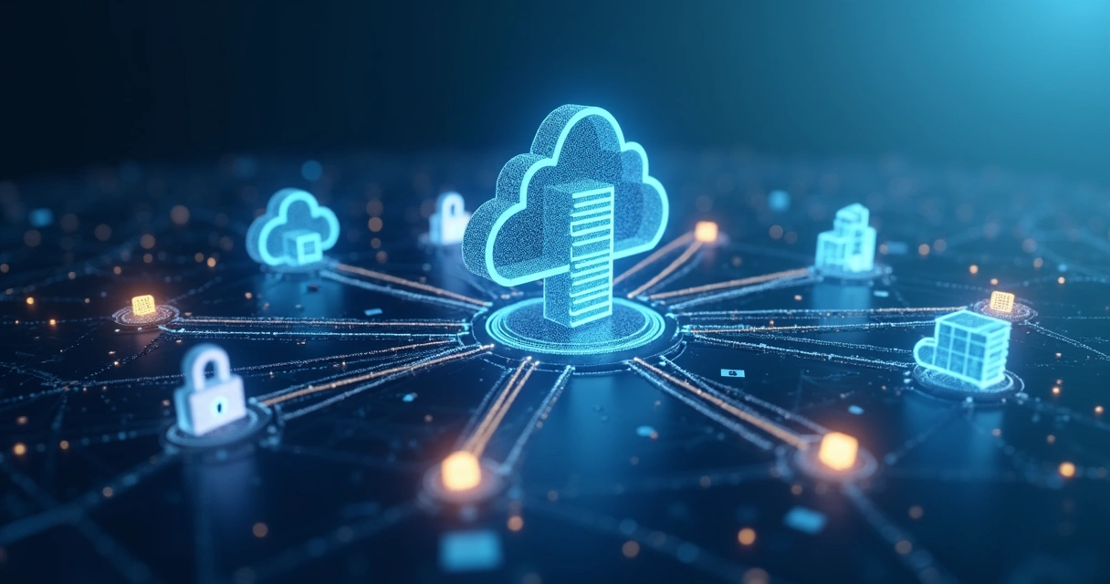 Ambientes de containers, nuvem e servidores conectados por linhas digitais 