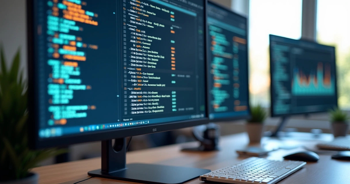 Tela de computador mostrando linhas de código CNAB e gráficos financeiros integrados com sistema ERP em ambiente de escritório moderno 