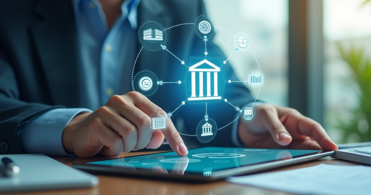 Ilustração de integração bancária digital com ícones de bancos e dados conectados na tela