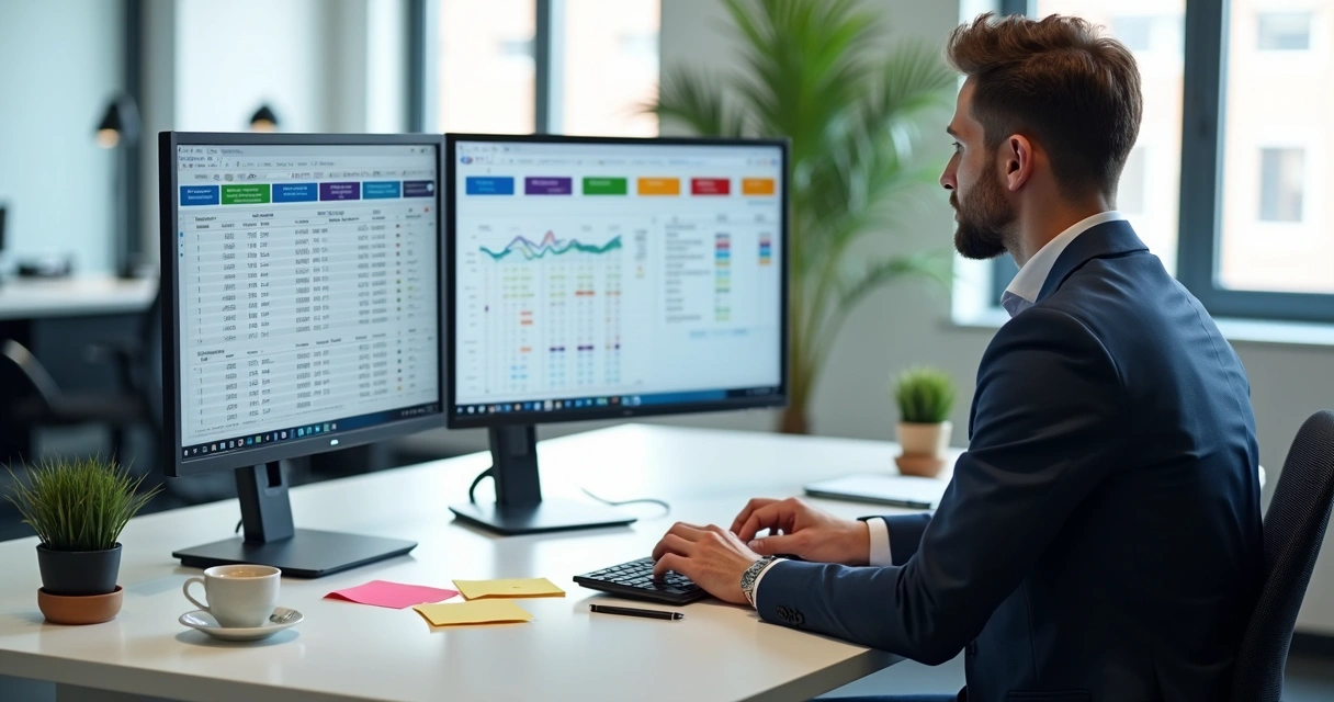 Tela de computador mostrando gráficos e planilhas de integração bancária contábil 