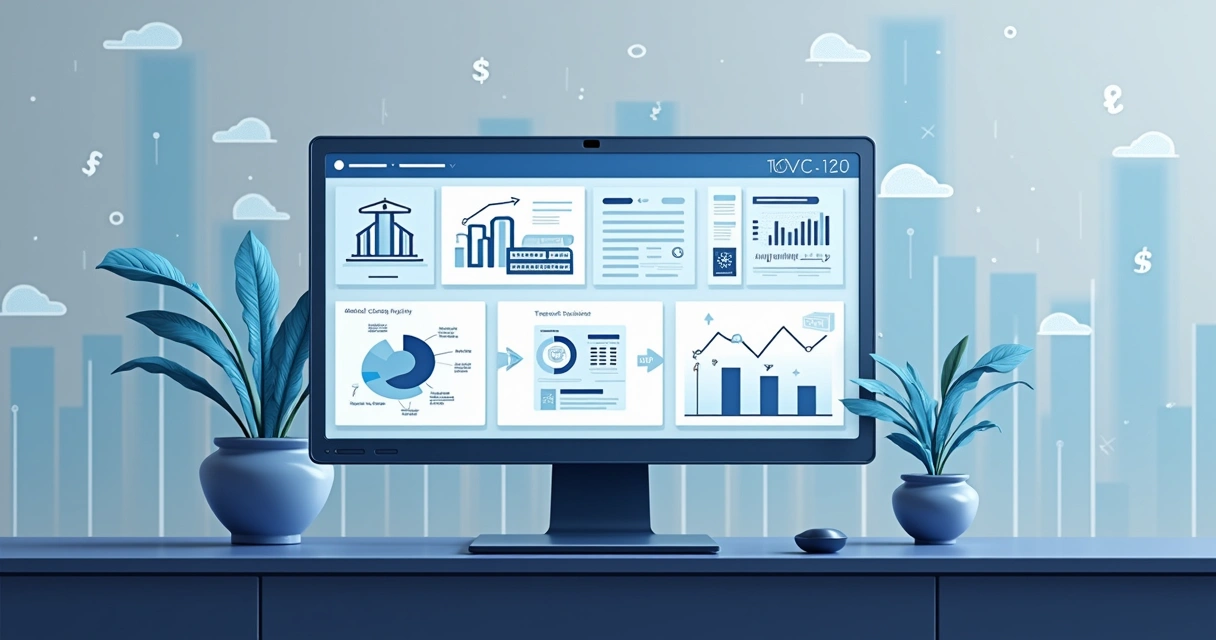 Interface de software de gestão mostrando integração entre bancos e sistema contábil, com gráficos e dados financeiros em telas diferentes. 